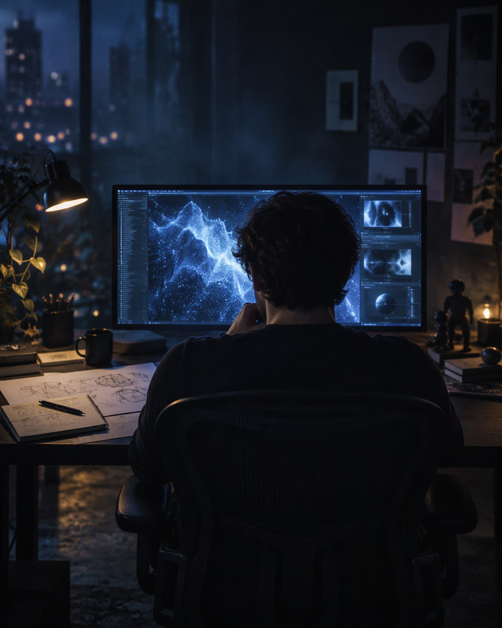A designer working at a dark studio desk lit by a blue screen
