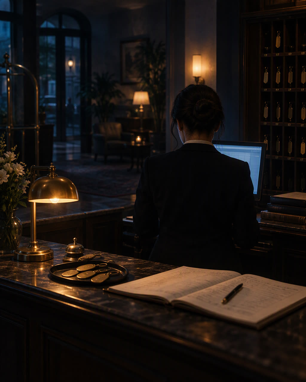 A hotel reception desk at night lit by warm and blue light