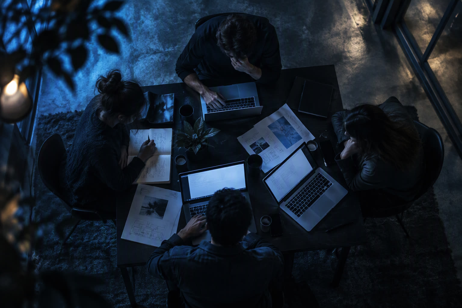 A small product team working around a table at night